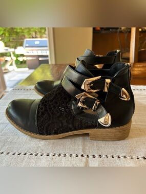 Black Leather & Lace Ankle Boots with Buckle Accents
